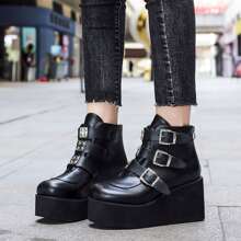 女性新風格秋天&冬天厚下裝坡跟跟短靴帶PU皮革帶扣飾裝飾用品 - 黑色 - 查看 1