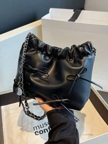 1入組素色時髦休閒極簡單肩包帶鏈子和蝴蝶結裝飾用品,適用於日常使用 - 黑色 - 查看 1