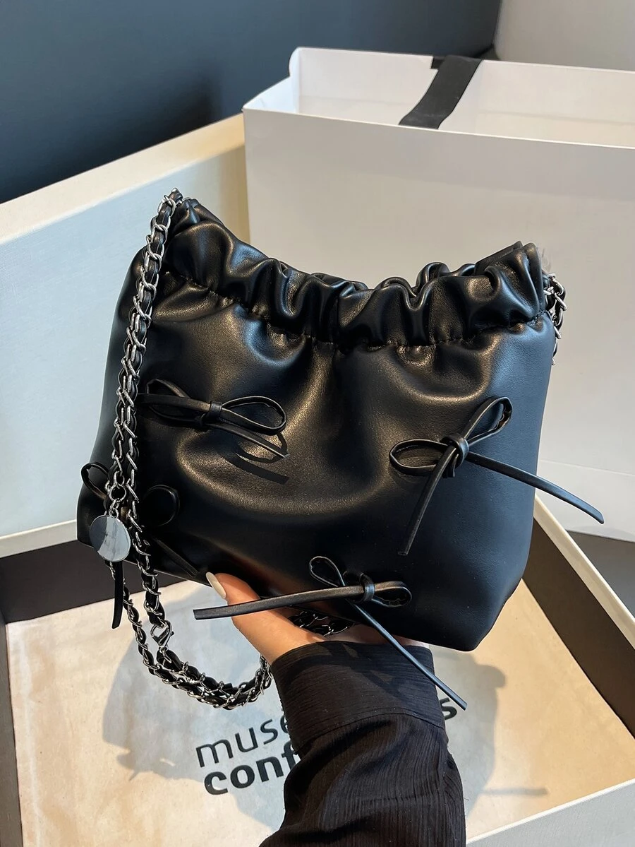 1入組素色時髦休閒極簡單肩包帶鏈子和蝴蝶結裝飾用品,適用於日常使用 - 黑色 - 查看 1