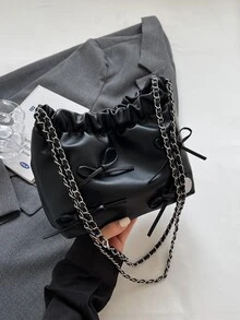 1入組素色時髦休閒極簡單肩包帶鏈子和蝴蝶結裝飾用品,適用於日常使用 - 黑色 - 查看 4