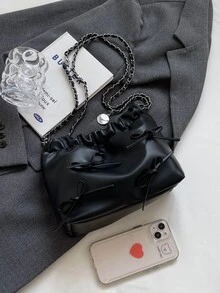 1入組素色時髦休閒極簡單肩包帶鏈子和蝴蝶結裝飾用品,適用於日常使用 - 黑色 - 查看 5