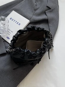 1入組素色時髦休閒極簡單肩包帶鏈子和蝴蝶結裝飾用品,適用於日常使用 - 黑色 - 查看 2