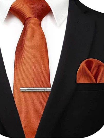 Orange Colored Necktie, Pocket Square And Tie Clip Set