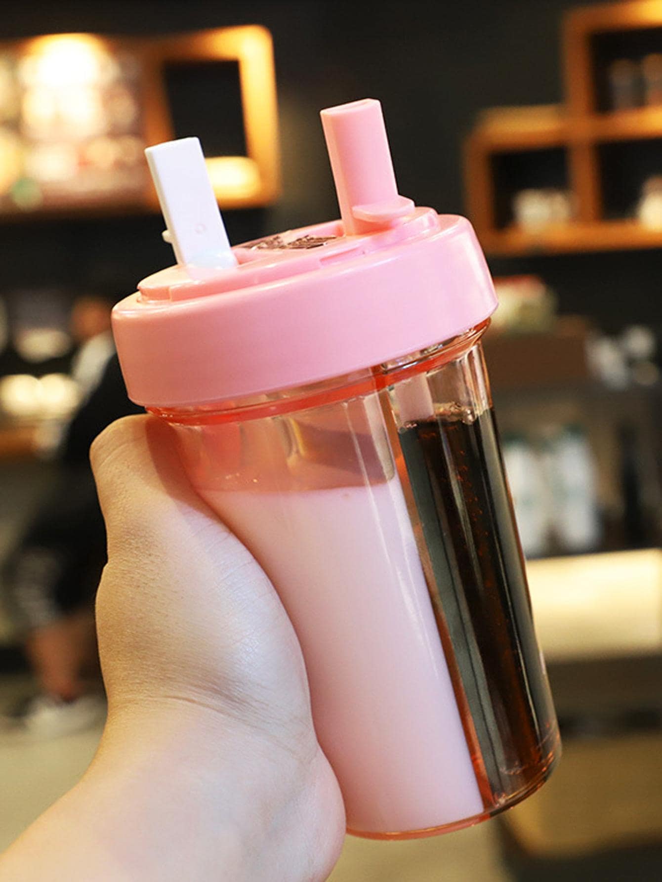 1pc Pink Doublewall Drinking Cup With Cute Animal Design, Straw & Handle, Portable Plastic