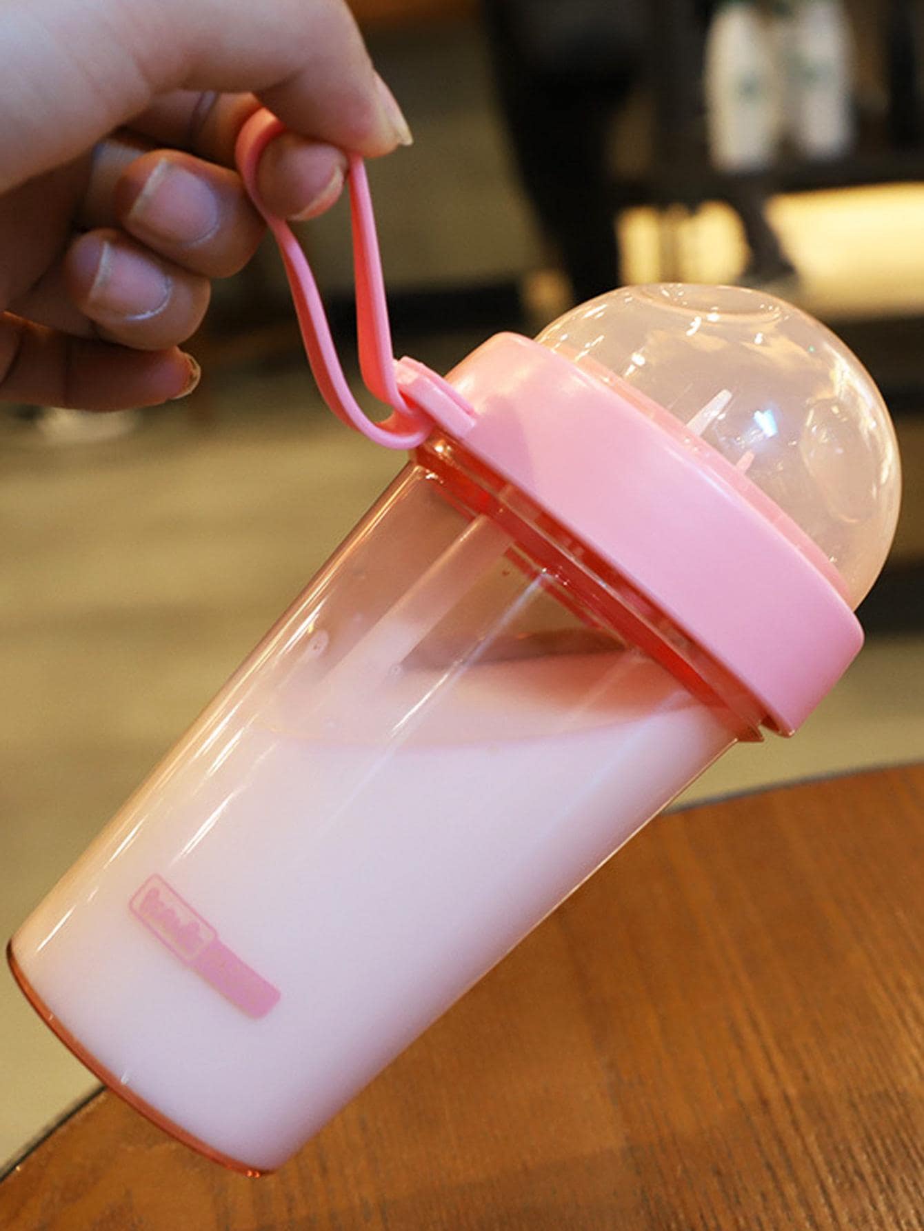 1pc Pink Doublewall Drinking Cup With Cute Animal Design, Straw & Handle, Portable Plastic