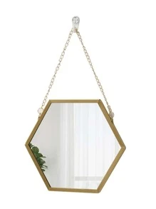 1pc Iron Frame Decorative Hexagon Mirror Sticker Wall Mirror, Wall Mounted Makeup Mirror For Bathroom - Gold - View 4