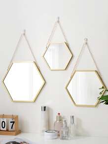 1pc Iron Frame Decorative Hexagon Mirror Sticker Wall Mirror, Wall Mounted Makeup Mirror For Bathroom - Gold - View 1