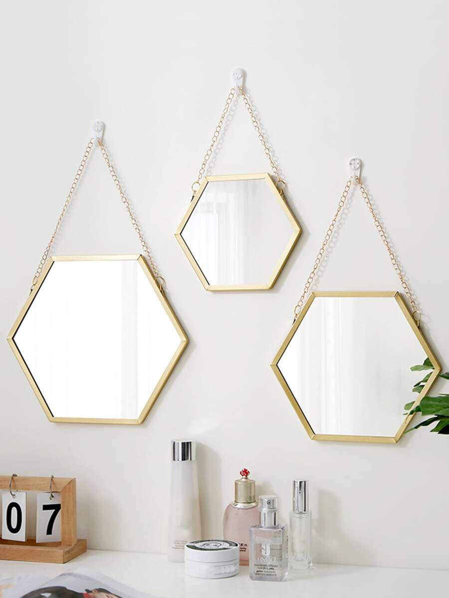 1pc Iron Frame Decorative Hexagon Mirror Sticker Wall Mirror, Wall Mounted Makeup Mirror For Bathroom - Gold - View 1