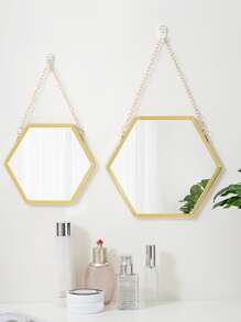 1pc Iron Frame Decorative Hexagon Mirror Sticker Wall Mirror, Wall Mounted Makeup Mirror For Bathroom - Gold - View 5