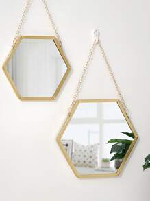 1pc Iron Frame Decorative Hexagon Mirror Sticker Wall Mirror, Wall Mounted Makeup Mirror For Bathroom - Gold - View 6