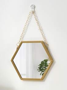 1pc Iron Frame Decorative Hexagon Mirror Sticker Wall Mirror, Wall Mounted Makeup Mirror For Bathroom - Gold - View 7