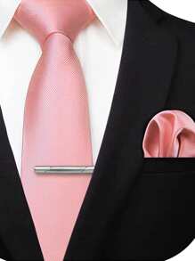 Light Pink Tie, Pocket Square And Tie Clip Set - Baby Pink - View 1