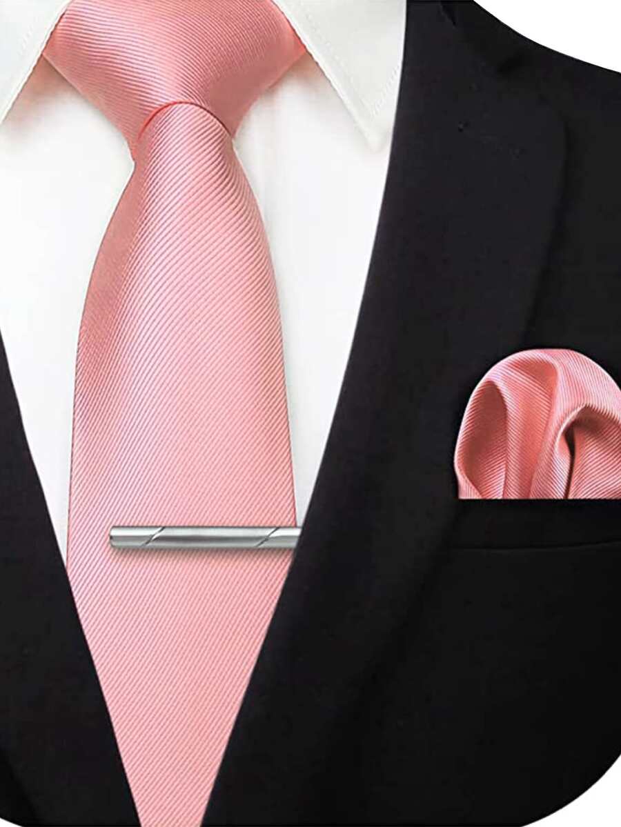 Light Pink Tie, Pocket Square And Tie Clip Set - Baby Pink - View 1