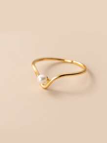 1pc V Shape Faux Pearl Ring, Premium Minimalist Index Finger Band - Yellow Gold - View 5