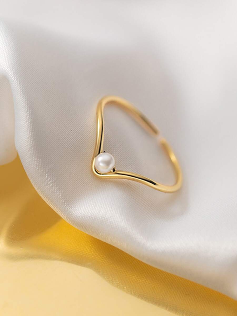 1pc V Shape Faux Pearl Ring, Premium Minimalist Index Finger Band - Yellow Gold - View 1