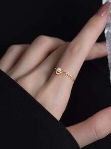 1pc V Shape Faux Pearl Ring, Premium Minimalist Index Finger Band - Yellow Gold - View 4