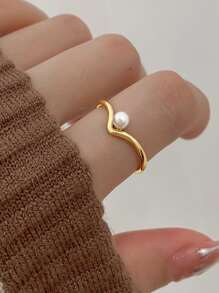 1pc V Shape Faux Pearl Ring, Premium Minimalist Index Finger Band - Yellow Gold - View 3