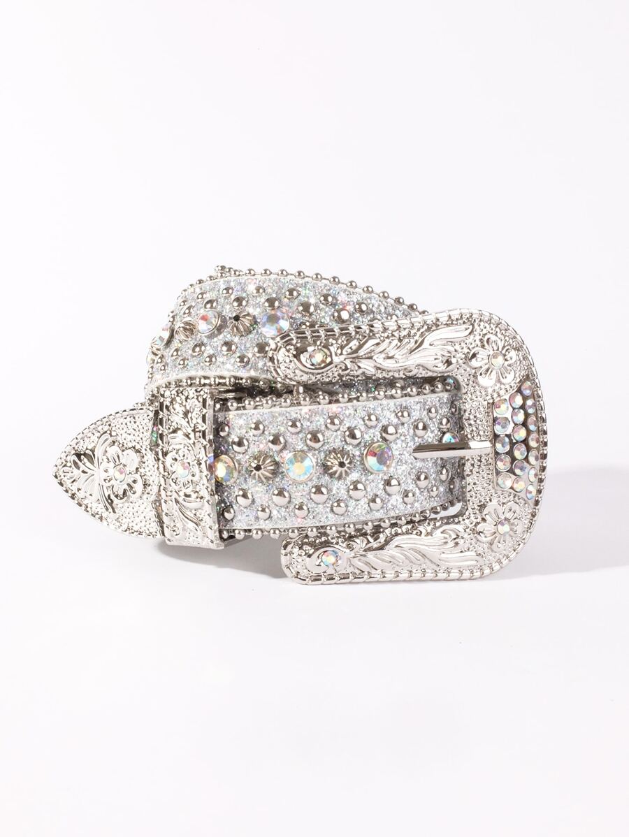 1pc Bling Gothic Belt With Rhinestone For Halloween - Western Cowboy/Cowgirl Belt For Jeans - 銀色 - 查看 1