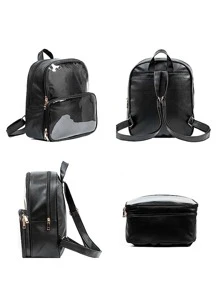 DIY Itabag Backpack, Double Window Candy PU Leather School Rucksack, Cute Clear Shoulder Bag Transparent Kawaii Daypack Travel Bag For Pins Display - Black - View 5