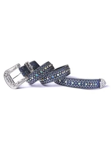1pc Bling Gothic Belt With Rhinestone For Halloween - Western Cowboy/Cowgirl Belt For Jeans - Màu xanh hải quân - Xem 2
