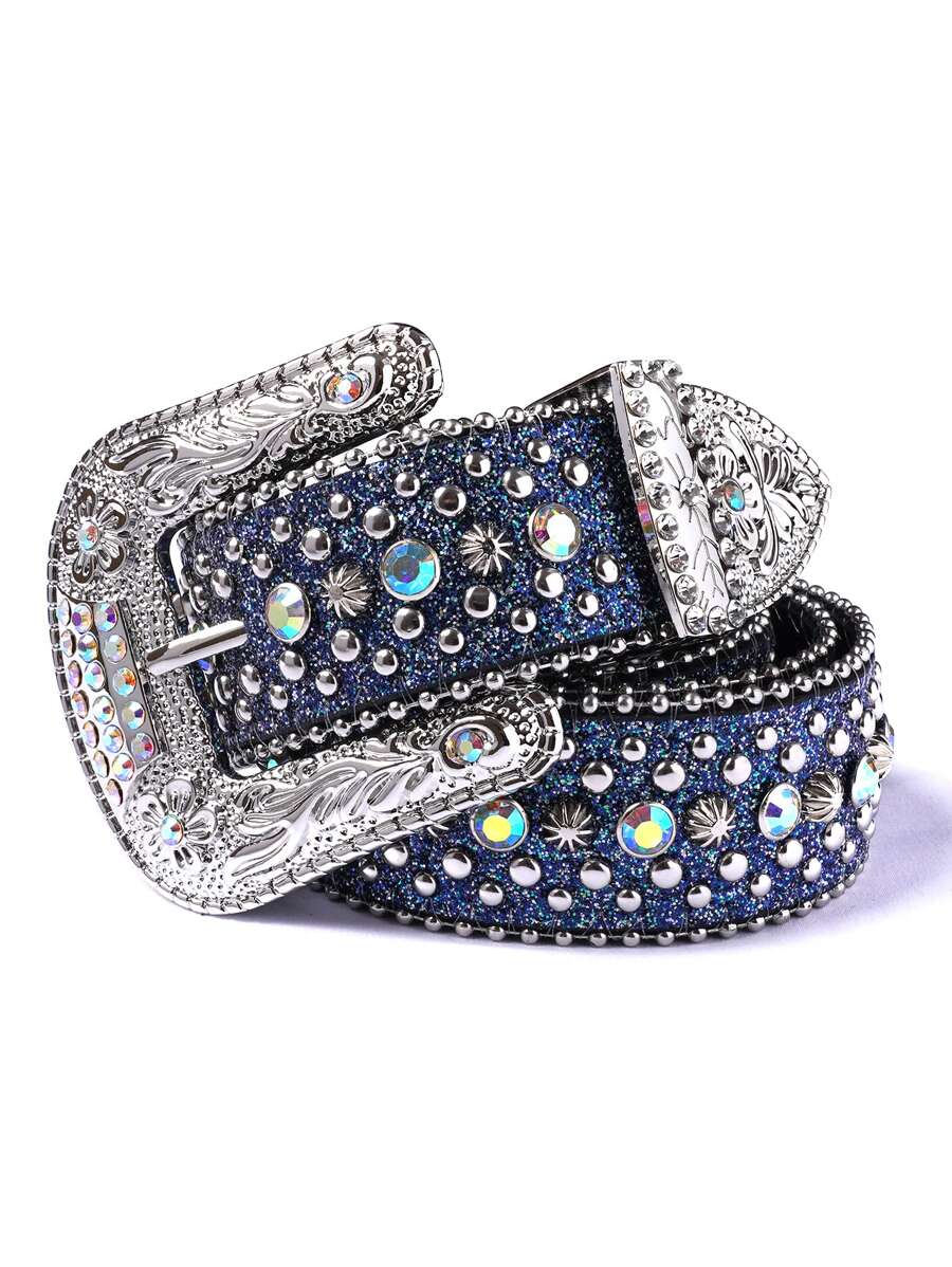 1pc Bling Gothic Belt With Rhinestone For Halloween - Western Cowboy/Cowgirl Belt For Jeans - Màu xanh hải quân - Xem 1