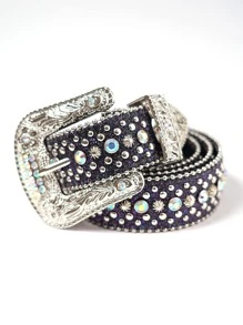 1pc Bling Gothic Belt With Rhinestone For Halloween - Western Cowboy/Cowgirl Belt For Jeans - 黑色 - 查看 1