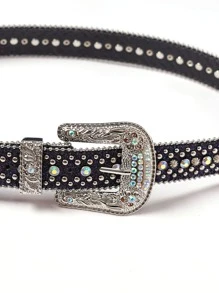 1pc Bling Gothic Belt With Rhinestone For Halloween - Western Cowboy/Cowgirl Belt For Jeans - 黑色 - 查看 4