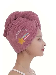 1 件装珊瑚绒刺绣固定头巾，适合女士长发、干发帽毛巾、浴帽 - 紫色 - 查看 1