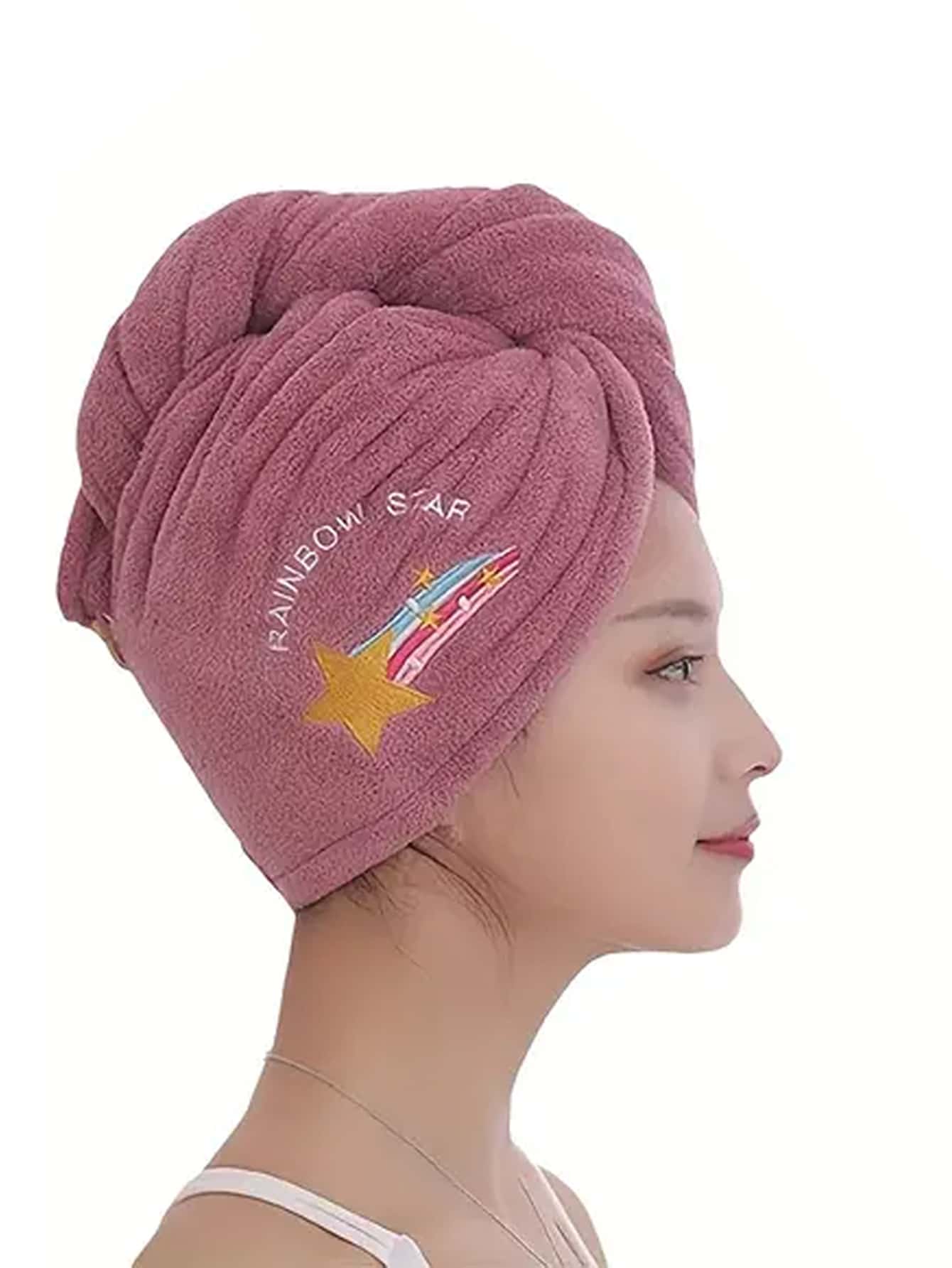 1 件装珊瑚绒刺绣固定头巾，适合女士长发、干发帽毛巾、浴帽 - 紫色 - 查看 1