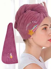 1 件装珊瑚绒刺绣固定头巾，适合女士长发、干发帽毛巾、浴帽 - 紫色 - 查看 4