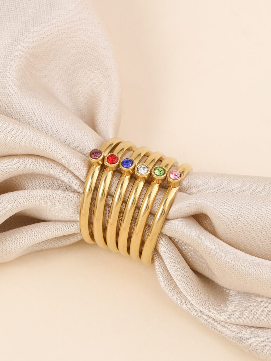 Onelike Ensemble de 6 bagues pour femme en acier inoxydable doré compact simple et à la mode, de couleurs vives de bonbon avec diamants, convient pour offrir en cadeau - Multicolore - Voir 1