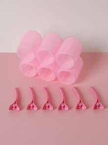 中等自粘式捲髮夾套裝,6入組無加熱捲髮器帶6入組髮夾,DIY頭髮造型工具 - 粉色 - 查看 2