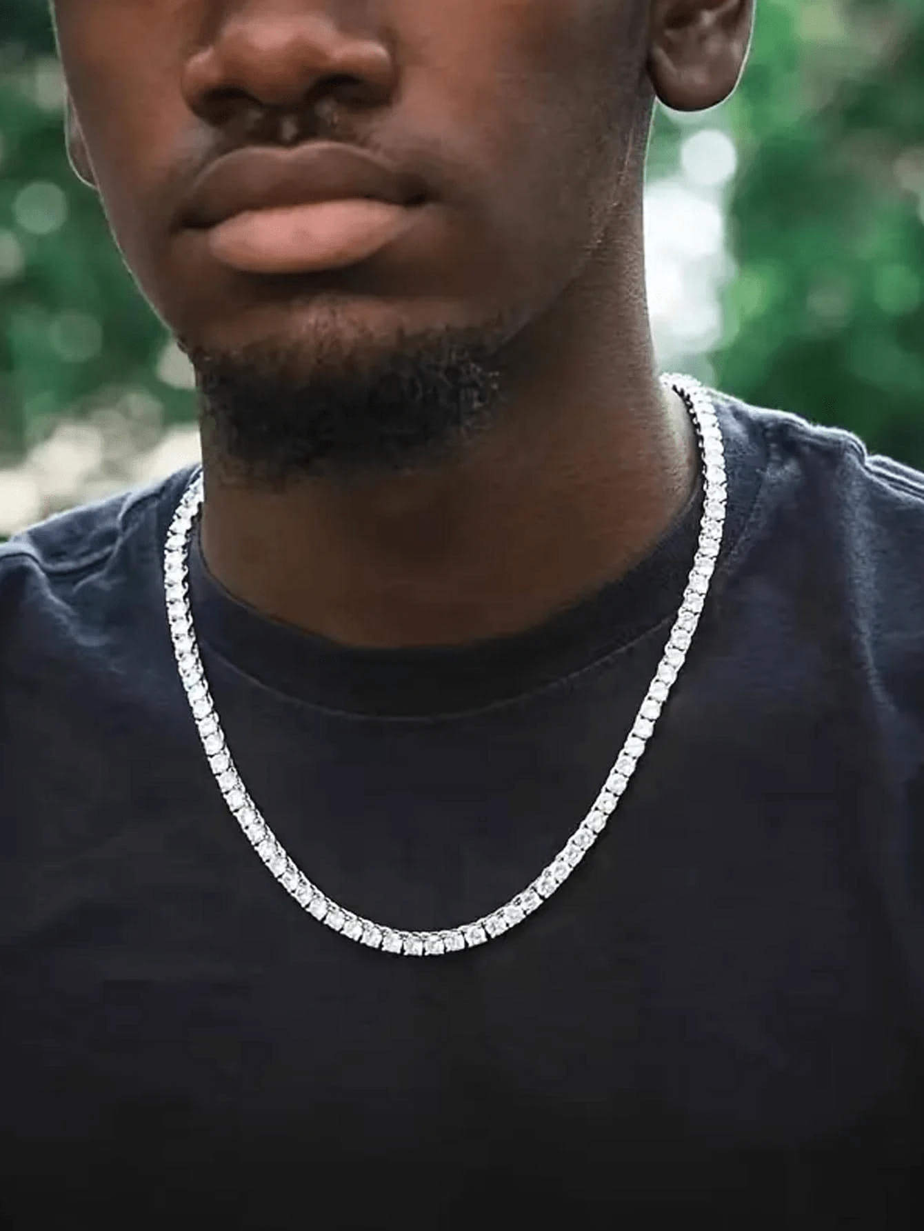 1pc Men's Zirconia Inlay Necklace, Made Of Alloy, Single Row Crystal Pendant Jewelry - Silver - View 1