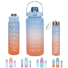 3pcs Motivational Water Bottle With Straw, 64oz(1800ml), 25oz(710ml), 10oz(300ml), Time Markings, Big Capacity, Leak Proof Half Gallon(1.8l)/2l Water Jug, Ideal For Sports, Gym, Travel, Bpa-free - Gradient Color - View 1