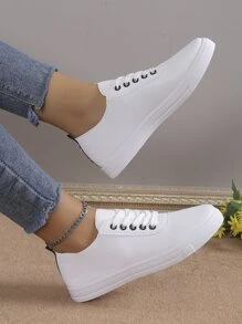 Spring Autumn New Women's Shoes, Korean Style Lace Up Flat Sneakers For Sports And Casual - White - View 3