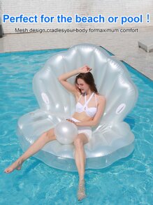 1pc Inflatable Shell Shaped White Pvc Swimming Pool Beach Float, Beach Essentials, Beach Accessories - White - View 5