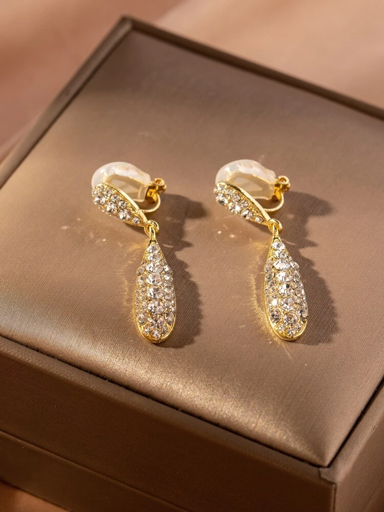 1pair No Piercing Rhinestone Water Drop Clip-On Earrings, Personalized Fashion Jewelry For Women, Birthday Gift