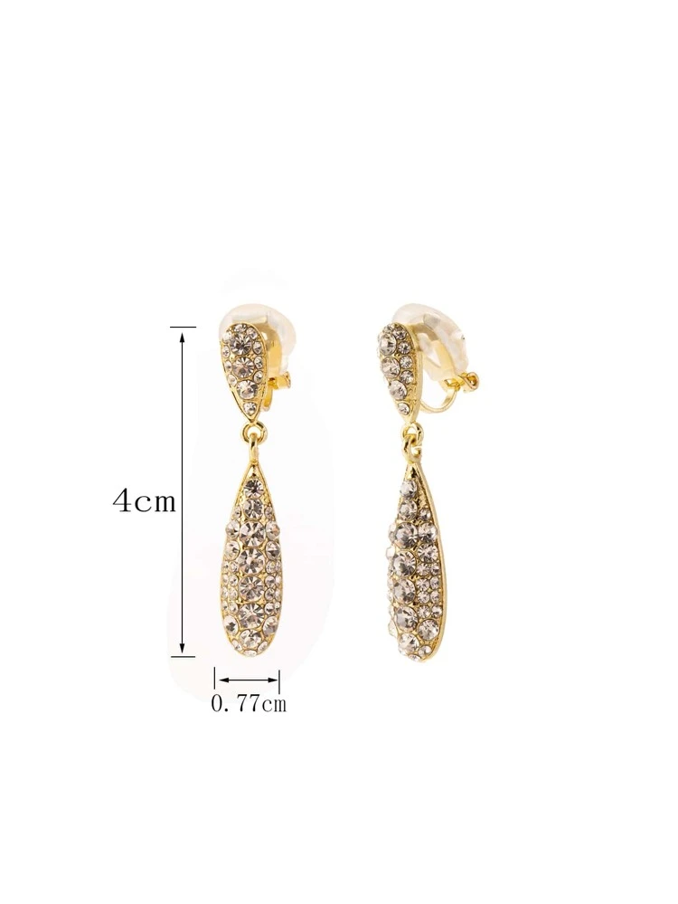 1pair No Piercing Rhinestone Water Drop Clip-On Earrings, Personalized Fashion Jewelry For Women, Birthday Gift