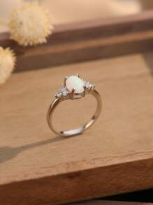 925 Sterling Silver Natural Opal Stone Micro Set Cubic Zirconia Ring Fashion Women's Versatile and Advanced Sense Daily Matching Ring - Silver - View 2