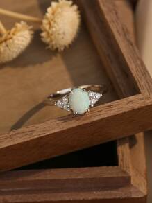 925 Sterling Silver Natural Opal Stone Micro Set Cubic Zirconia Ring Fashion Women's Versatile and Advanced Sense Daily Matching Ring - Silver - View 3