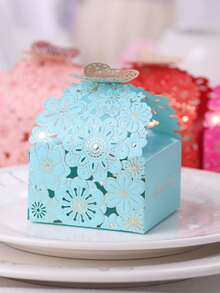 10pcs Laser Cut Flower & Butterfly Pattern Large Foldable Gift Boxes, Party Treat Candy Cupcake Boxes - Blue - View 5