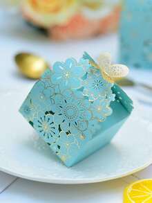 10pcs Laser Cut Flower & Butterfly Pattern Large Foldable Gift Boxes, Party Treat Candy Cupcake Boxes - Blue - View 1