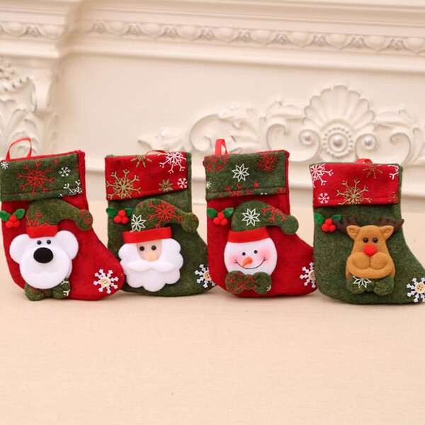 1pc Christmas Decoration Stocking With Snowman, Reindeer, Polar Bear And Santa Claus Design, Polyester Fiber Gift Bag, Printing Socks Candy Bag Christmas Ornament