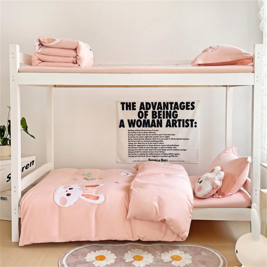 3入組,刺繡風格,枕套、被套、床單三件套 - 粉色 - 查看 1