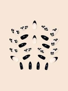 24pcs False Nails In Waterdrop Shape, Black French Manicure With Small Flowers & Pointy Almond Shape +Jelly Glue + Nail File Press On Nails Nail Supplies - Black - View 4