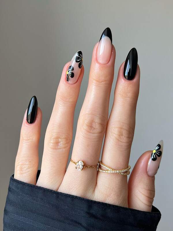 24 Stück künstliche Nägel in Tropfenform, schwarze französische Maniküre mit kleinen Blumen und spitz zulaufender Mandelform +Jelly-Kleber +Nagelfeile, Press-on-Nägel und Nagelzubehör