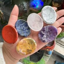1pc Healing Crystal Oval Thumb Worry Stone Pocket Palm Gemstones For Anxiety Therapy Geometry Chakra Reiki Balancing E With Healing & Calming Effects - High Energy Satin Spar Love Palm Stone Used For Cleansing And Protection - Multicolor - View 7