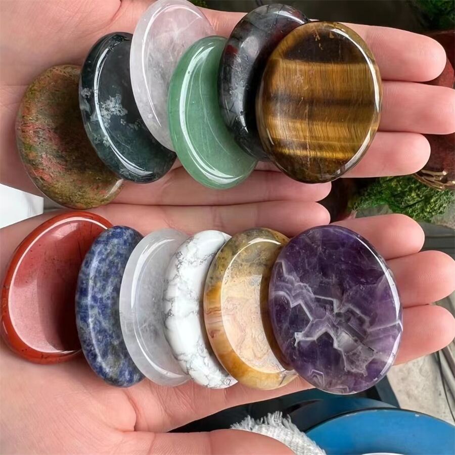 1pc Healing Crystal Oval Thumb Worry Stone Pocket Palm Gemstones For Anxiety Therapy Geometry Chakra Reiki Balancing E With Healing & Calming Effects - High Energy Satin Spar Love Palm Stone Used For Cleansing And Protection - Multicolor - View 1