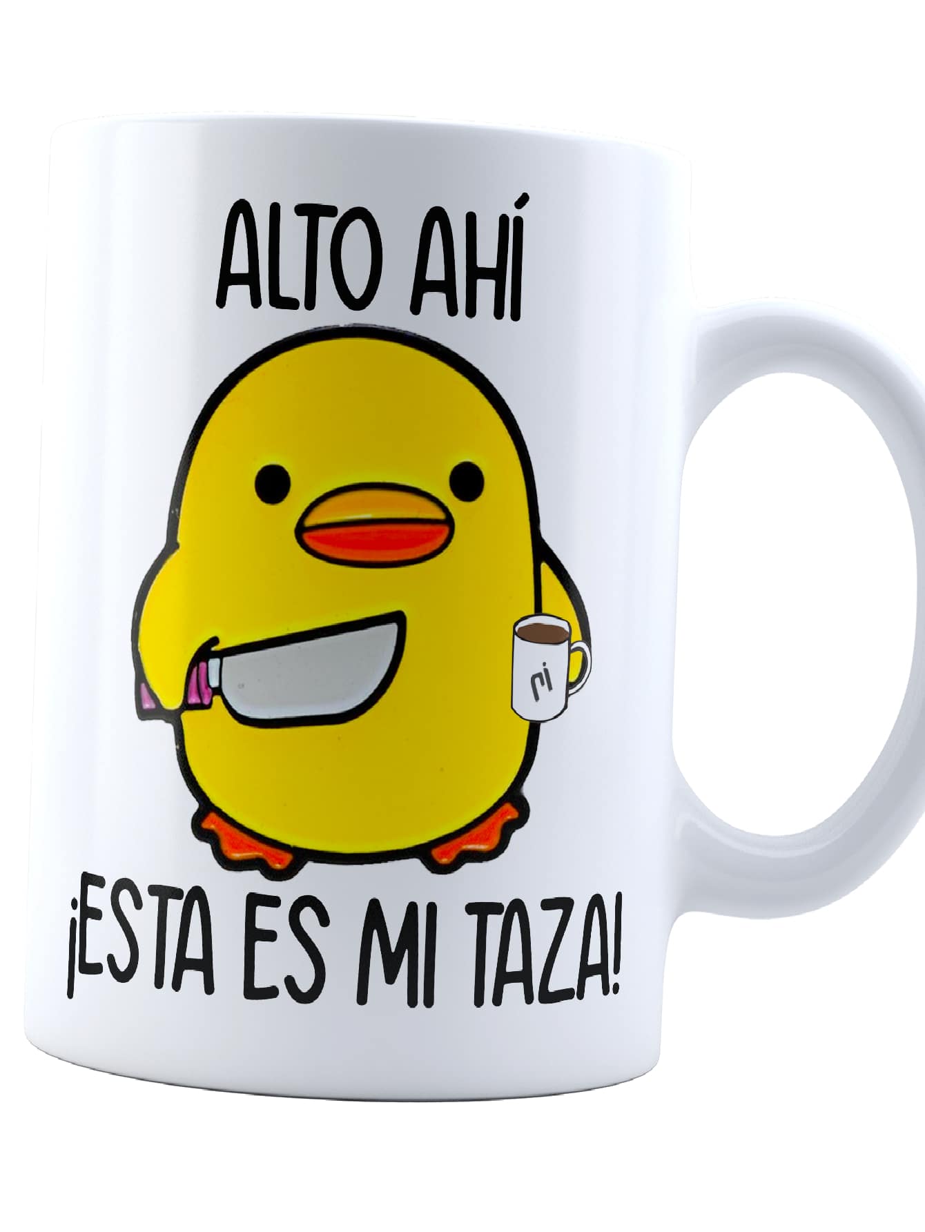 INESTAMPABLE Taza pollito con cuchillo alto ahi esta es mi taza | Frase meme divertida | Para Café o té - Blanco - Ver 1