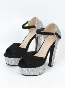 Của phụ nữ Đen Sáng bóng Cao gót Dép xăng đan Với Siêu Cao Nền tảng Và Dày Gót chân Cho mùa hè - Bạc - Xem 6